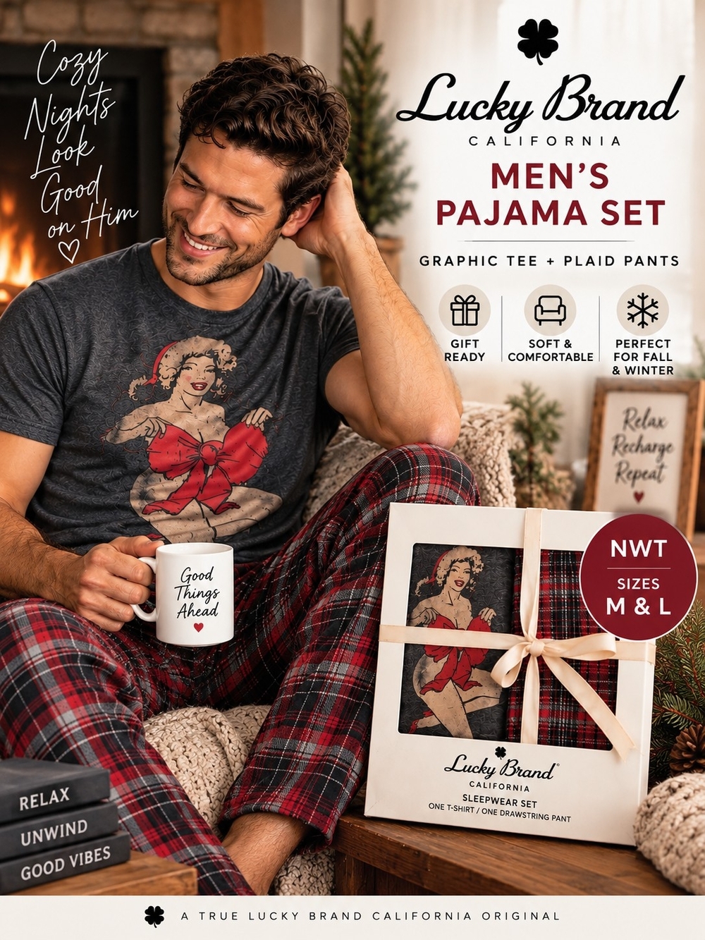 NWT Lucky Brand Men’s Pajama Set Flannel Pants Graphic Tee